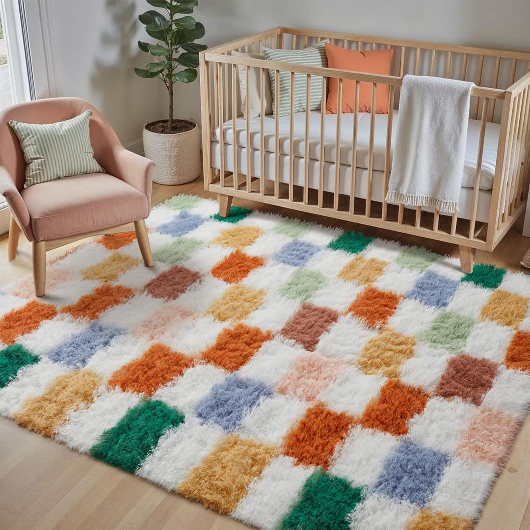 PureCozy Checkered Rug 4x6 for Living Room, Modern Neutral Shag Rug Super Soft Washable Fluffy Rugs Indoor Fuzzy Carpet for Bedroom Home Dorm Aesthetic Decor