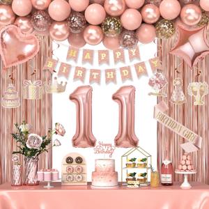 11th Birthday Decorations for Girls, Happy 11 Birthday Decorations for Her, Rose Gold Birthday Party Supplies with Banner, Number Balloons, Fringe Curtains, Hanging Swirls, Foil Balloons