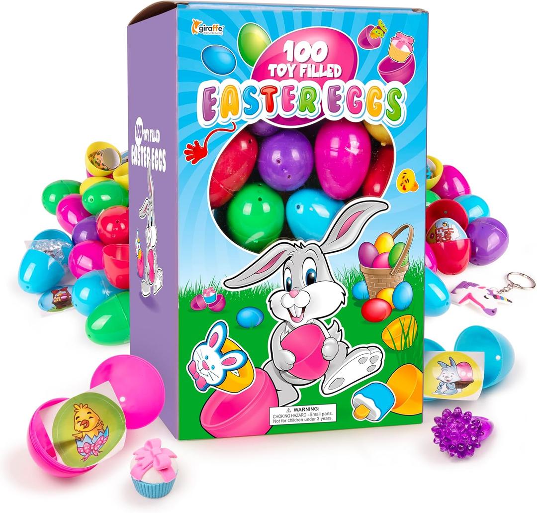 Giraffe Premium Prefilled Easter Eggs,100-Pack Toy-Filled Bulk Plastic Eggs for Kids with Slap Bracelets, Stickers, Light Up Rings, Perfect for Easter Egg Hunts, Prefilled Easter Eggs with Toys