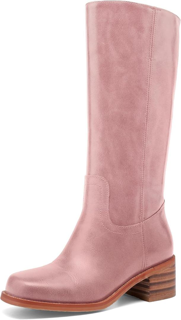 Women's Knee High Boots Square Toe Chunky Block Heel Long Boots for Women Comfortable Slip on Low Heel Womens Riding Boot. (8, Pink1)