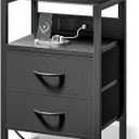 NightStand Bedside Charging Table Bedroom - Night Stand with Charger Station, Modern Nightstand with Open Shelf & 2 Fabric Drawers, Bed Side Table with USB-C Port for Dorm, Black