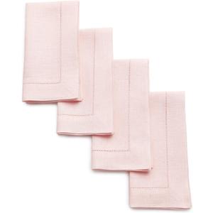 Solino Home Pink Linen Napkins Set of 4-100% Pure Linen Hemstitch Dinner Napkins 20 x 20 Inch for Christmas - Classic Hemstitch