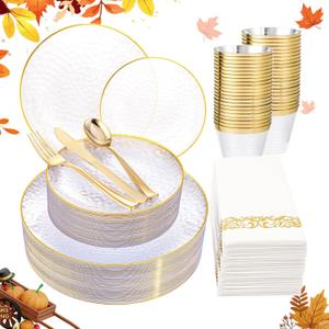 Rubtlamp 175 Pcs Plastic Dinnerware Set (25 Guests), Clear And Gold Plastic Plates, Hammered Party Plates Include Dinner Platos, Dessert Platos, Cups, Gold Cutlery Set And Napkins for Thanksgiving
