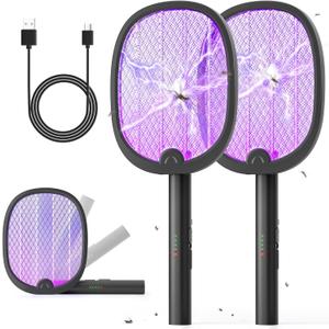 YISSVIC Electric Fly Swatter Foldable Bug Zapper Racket 2 in 1 Mosquito Killer with Attractant Light Rechargeable 1800mAh for Indoor Home Backyard Patio Camping (Black-2 Pack)