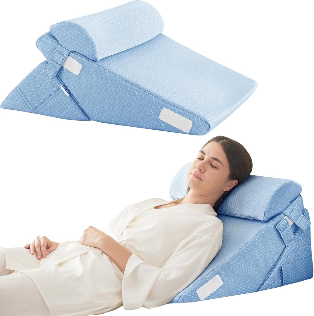 3Pcs Orthopedic Bed Wedge Pillow Set, Foam Wedge Pillow Post Surgery for Back, Leg and Knee Support, Adjustable 9&12 Inch Folding Triangle Pillow for Sleeping, Acid Reflux, Snoring, Light Blue