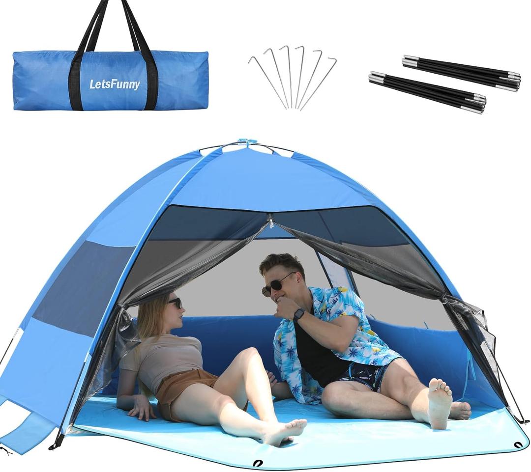 Large 3-4 Person Beach Tent - UPF 50+ Anti-UV, Easy Setup with Extended Floor & Mesh Windows, Portable for Camping Fishing (Blue)