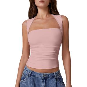 QINSEN Women's Square Neck Slim Fit Tank Top (Medium, Pink)