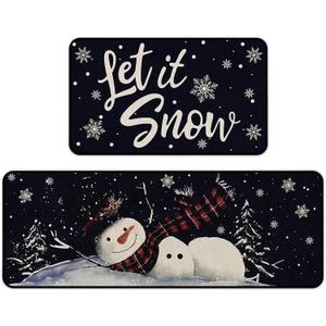 Christmas Kitchen Rugs Set of 2,Non-Slip Backing Snowman Christmas Kitchen Mats for Floor,Low-Profile Winter Xmas Holiday Decorations Christmas Doormat - 17x29 and 17x47 Inch