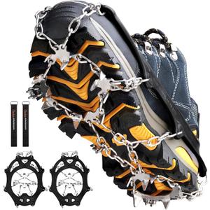 Crampons Ice Cleats Traction Snow Grips for Boots Shoes Women Men Anti Slip 19 Stainless Steel Spikes Safe Protect for Hiking Fishing Walking Climbing Mountaineering (Large, Black)