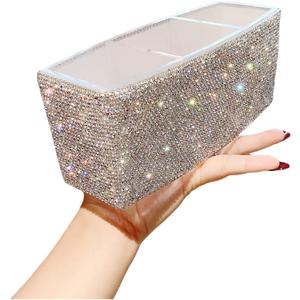 Luxury Bling Triple-Compartment Acrylic Makeup Brush Pen Holder Creative and Stylish Desk Organizer Storage Box for Eyebrow Pencils, Lipsticks (Silver)