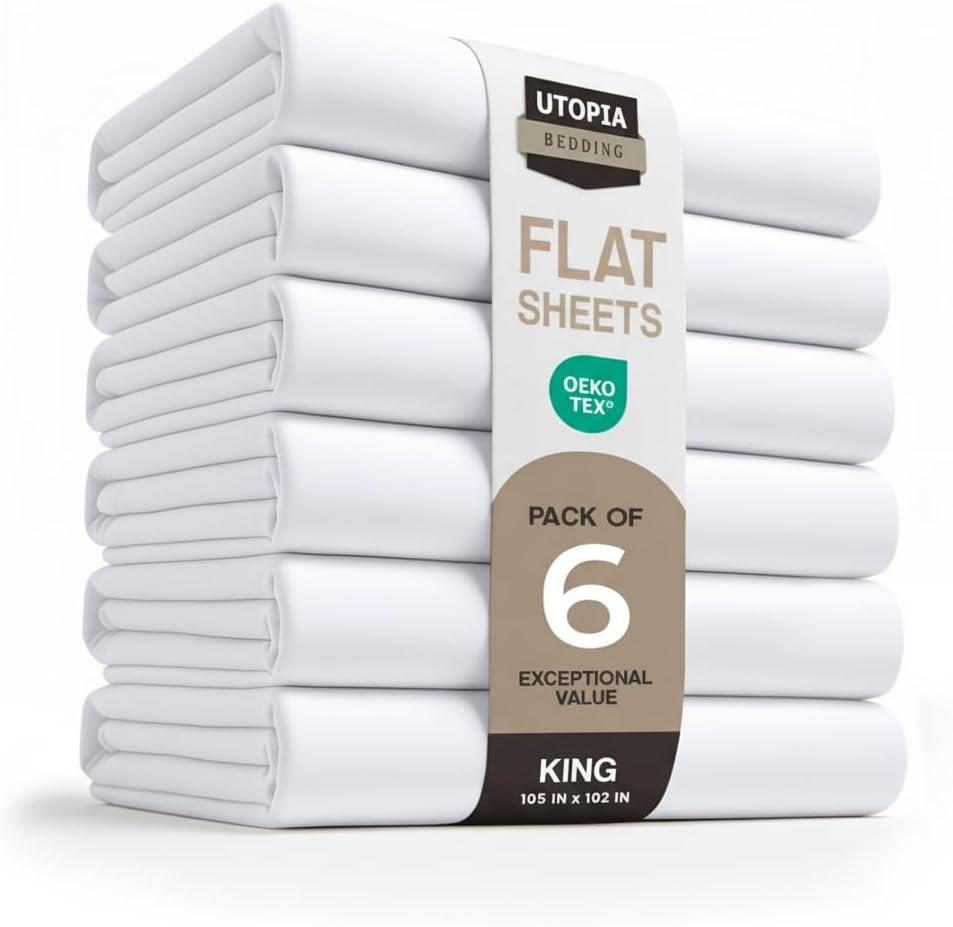 Utopia Bedding Flat Sheets - Pack of 6 - Soft Brushed Microfiber Fabric - Shrinkage & Fade Resistant Top Sheets - Easy Care (King, White)