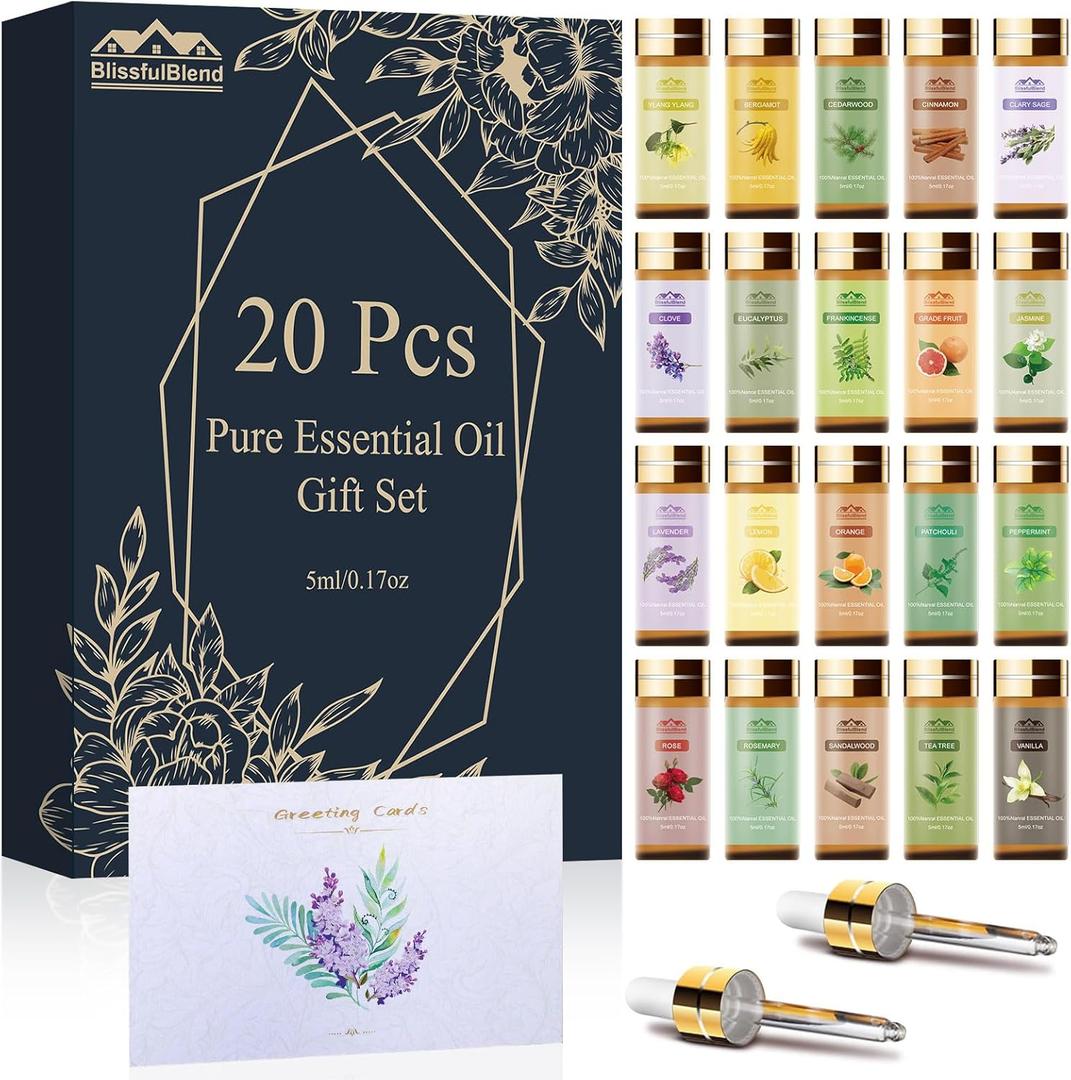 Fragrance Essential Oils Set, Essential Oils for Diffuser, for Home, Skin, Candle & Soap Making-Tea Tree, Lavender, Peppermint, Rose and More, with Gift Card for Friend, Teacher, Mom(205ml