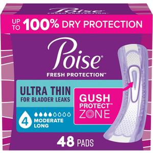 Poise Ultra Thin Incontinence & Postpartum Pads for Bladder Leaks, 4 Drop Moderate Absorbency, Long Length, 48 Count 