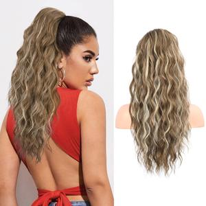 FLUFYMOOZ Ponytail Extension, 22 Inch Drawstring Ponytail Hair Extensions for Women Long Curly Wavy Ponytail Natural Wavy Synthetic Hairpiece for Women (22 Inch Medium Brown Ash Blonde)