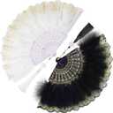 Namalu 2 Pieces Feather Hand Fan Embroidered Flower Marabou 1920s Feather Fan Hand Folding Drag Queen for 20s Women Costume Party Dancing Photoshoot Wedding Decor(White, Black)