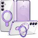 Compatible with Samsung Galaxy S25 Case with Magnetic Ring Stand [Compatible with Mag-Safe] [Full Camera Lens Protector] Plating Clear Phone Case for S25 6.2", Light Purple