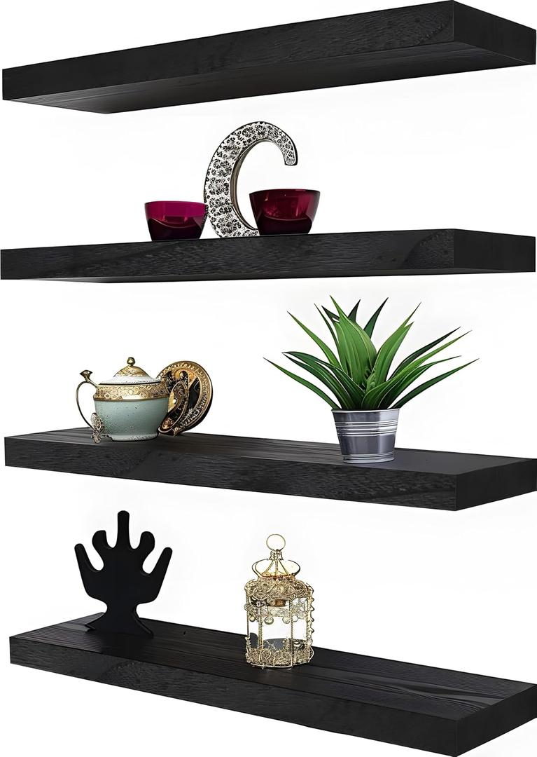 Wood Floating Shelves for Wall Decor, Rustic Wall Shelves for Bedroom Bathroom Kitchen Living Room, Set of 4 Black