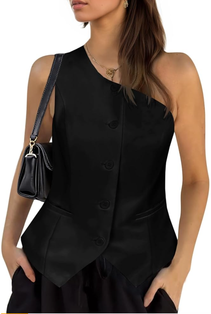Cicy Bell Womens One Shoulder Blazer Vest Summer Fitted Button Down Waistcoat Trendy Work Sleeveless Suit Tops, XXL Cicy Bell Womens One Shoulder Blazer Vest Summer Fitted Button Down Waistcoat Trendy Work Sleeveless Suit Tops, XXL