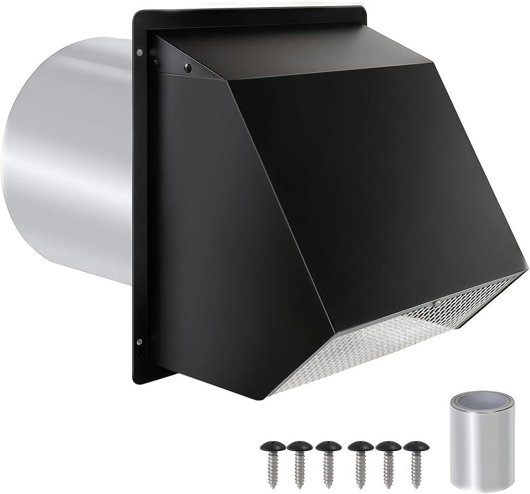 8 Inch Hooded Wall Vent with Screen and Damper, Exhaust Vent Cover Outdoor Dryer Vent Cover Outside External Extractor Wall Vent Hood for Kitchen Range Hood and Dryer, Bathroom, Basement(Black)