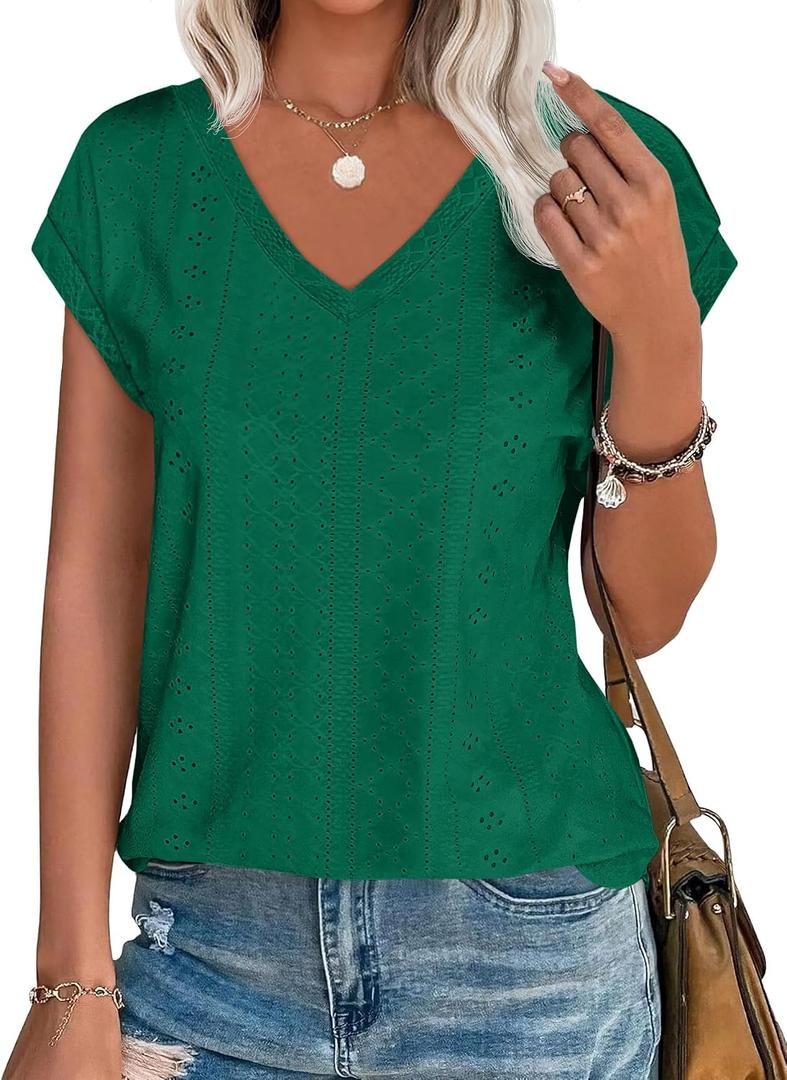 Imily Bela Womens V Neck T-Shirt Summer Cap Sleeve Dressy Casual Tops Eyelet Embroidered Fashion Tees (Green, S)