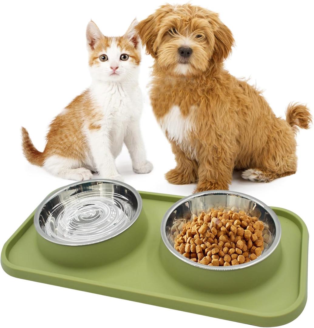 Double Dog Food Bowls Stainless Steel with No Spill Non Skid Silicone Mat Removable Dog Water and Food Bowls Set Durable Feeding for Small Dogs Puppy Cat Kitten(Green)