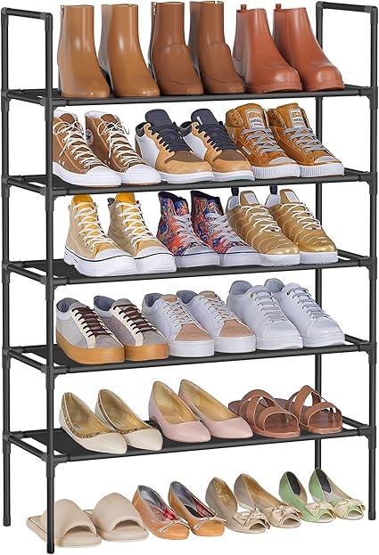 SONGMICS 5-Tier Shoe Rack, Shoe Storage for Hallway Closet, Slim and Space-Saving, Metal Frame, Non-Woven Fabric Shelves, Black