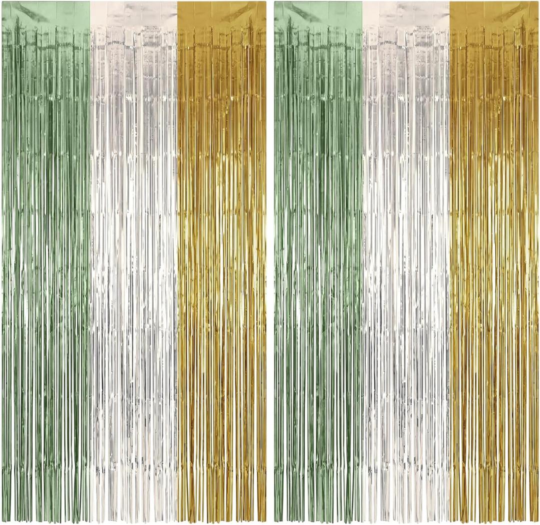 Chumia 2 Packs Sage Green Foil Fringe Backdrop Curtains, 3.2 x 6.6 ft Light Green Tinsel Glitter Metallic Streamers Party Decorations Photo Props for Boho Birthday Wedding Party Supplies