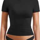 YEOREO Women Fitted Workout Tops Short Sleeve Double Lined Basic Y2K Going Out Crew Neck Compression Crop Top (Medium, Black)
