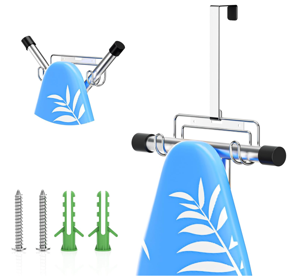 Ironing Board Holder Wall Mount/Over The Door Ironing Board Hanger, Laundry Rooms Metal Iron Board Holder Wall Mount for Y or T Leg (White)