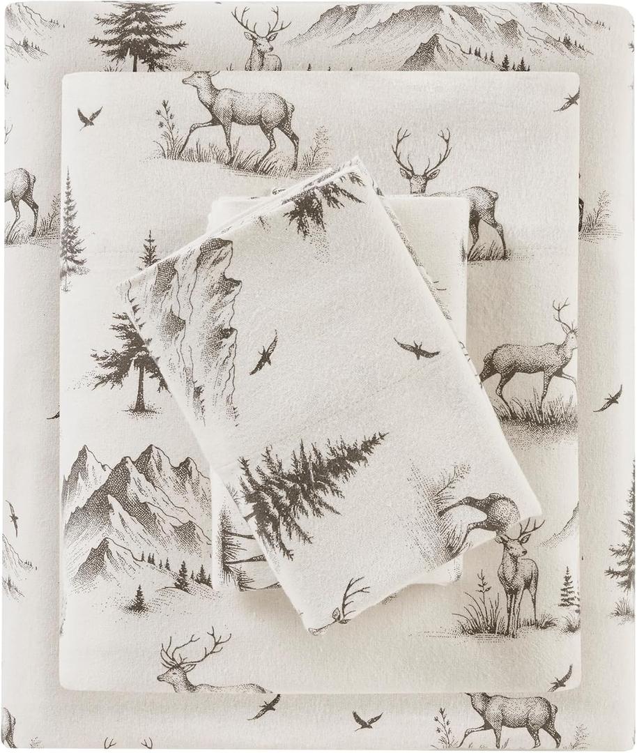Woolrich Cotton Sheet Set Cottage Charms Print, 100% Cotton Flannel Sheets Warm & Fuzzy Bedding Set Full Size Sheets, Fitted Pocket Fits Up to 12" Mattress, Full Gray Deer Toile 4 Piece