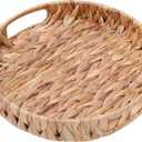 Round Woven Coffee Table Ottoman Tray with Handles - 11.8" x 1.9" Water Hyacinth Wicker Serving Tray, Decorative Storage Basket for Home & Kitchen.