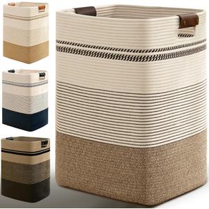 Laundry Hamper, 95L Tall Laundry Basket with Leather Handles, Rectangle Large Clothes Hamper for Organizing, Cotton Woven Laundry Baskets Storage Hampers for Bedroom, Nursery, Living Room (Rice Brown & White)
