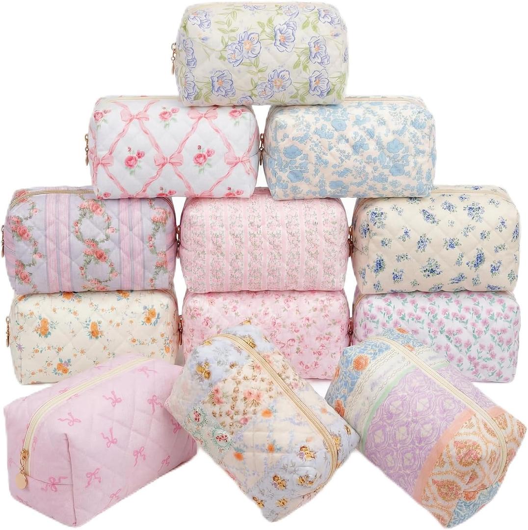 Qinyoung 12 Packs Quilted Makeup Bag Bulk Flower Theme Toiletry Cosmetic Pouch Aesthetic Makeup Organizer Travel Floral Emergency Bag with Zipper for Bridesmaid Gifts, Daily Use