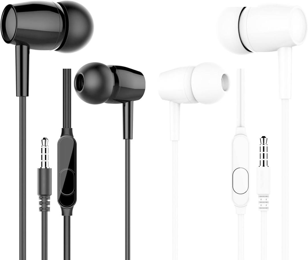 2 x Wired Earbuds with Microphone, 2 Pack (Black & White), in-Ear Lightweight Stereo Headphones with 3.5mm Jack, Noise-Isolating Earphones for Smartphones, Tablets, Laptops, MP3 Players