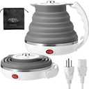 110V 555ML Ultrathin Travel Foldable Electric Kettle with Separable Power Cord and Handle, Boil Dry Protection, Food Grade Silicone