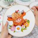 Louise Maelys 3 Sets Embroidery Kits for Beginners,Cross Stitch Kit for Adults,Starters DIY Needlepoint Including Hoop -Highland Cow and Florals Pattern