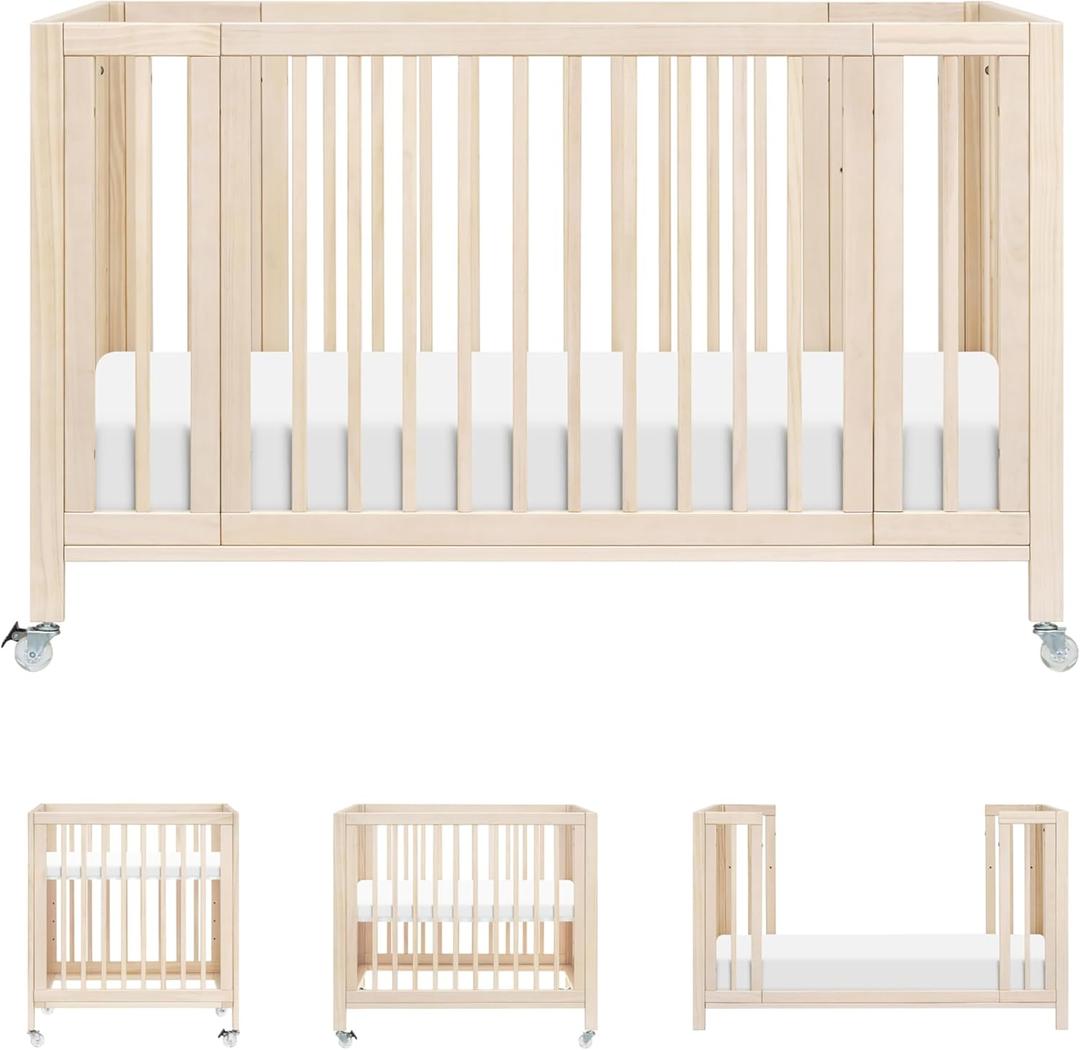 Babyletto Rolli Convertible All-Stages Bassinet and Full-Size Crib in Washed Natural, Greenguard Gold Certified, Portable & Adjustable with Conversion Kits and Pads Included