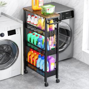 Vivihomety 4-Tier Slim Utility Rolling Laundry Cart with Wheels, Metal (Black, 7.1 inch Wide)