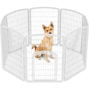 IRIS USA Dog Playpen, 8-Panel 34" Pet Playpen with Door, Puppy Playpen, Indoor/Outdoor Dog Pen, 63 x 63 x 34, Foldable, Customizable, White