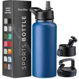 FineDine Triple Walled, Insulated Water Bottles with Straw - 32 Oz Stainless Steel Metal Bottle W/ 3 Leak Proof Lids - For Travel, School, Sports, Gym/Men, Women & Kids - Majestic Sapphire