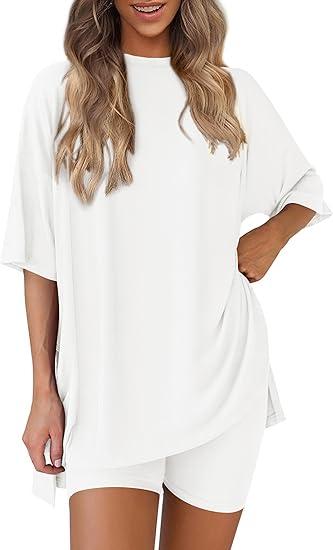 PRETTYGARDEN Women's Two Piece Lounge Set 2025 Summer Casual Oversized Shirts Biker Shorts Matching Airport Travel Outfit (Medium,White)