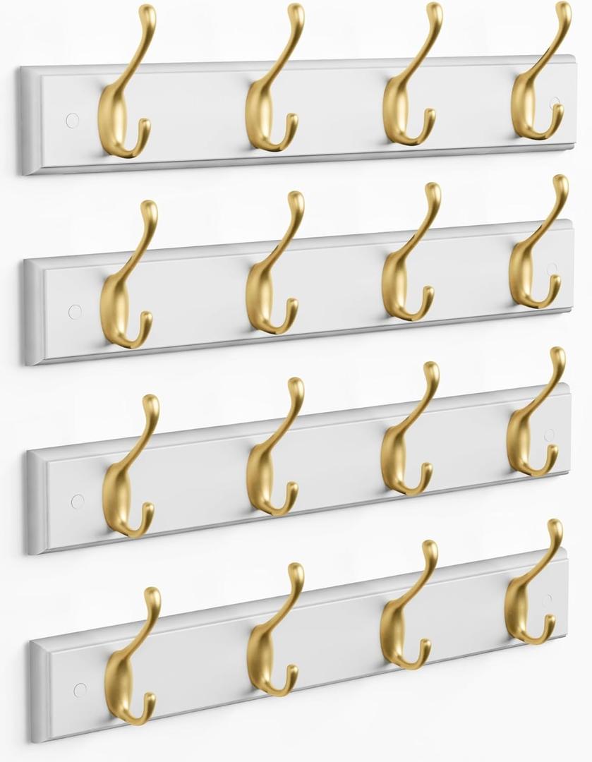 Forbena Gold Coat Rack Wall Mount, Decorative Coat Hooks for Wall, Heavy Duty Coat Hanger Key Holder for Hanging Hats, Coats, Purses, Bags Bathroom, Teen Grils Room (White and Gold, 4 x 4 Hook)