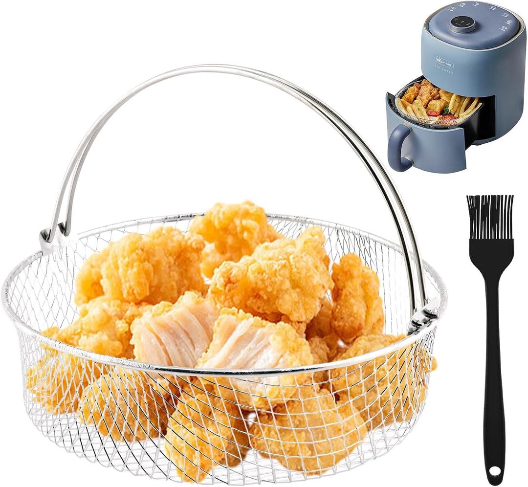 Air Fryer Basket for Oven, 8inch Air Fryer Replacement Accessory Mesh Basket with Handle & Brush, Stainles Steel Steamer Baskets for InstantPot, Oven, Steamer, Household Frying