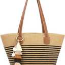 RUNROLE Straw Beach Tote Bag with Tassel Hat Clip for Travel, Handmade Lightweight Raffia Hobo Summer Shoulder Bag for Women (Pinstripe-black)