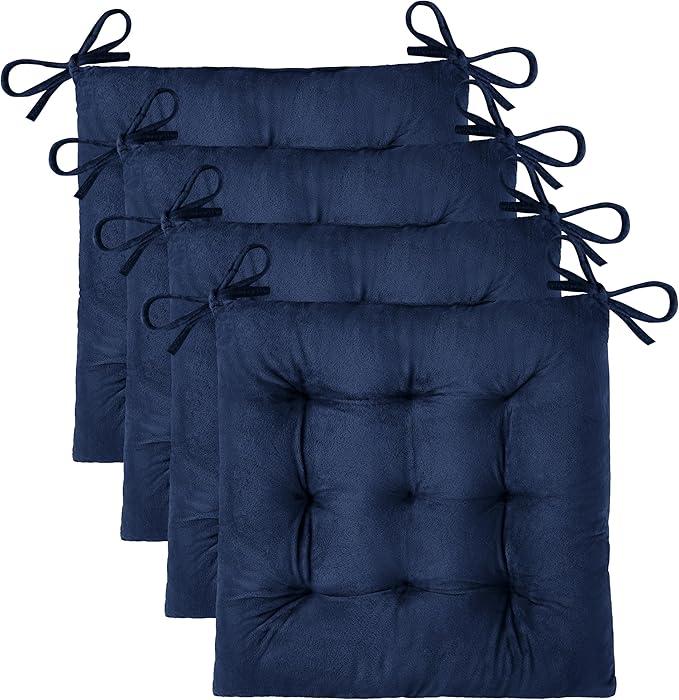 4 Pack Chair Cushions for Dining Chairs 18x18 inch Seat Cushions for Kitchen Chairs Soft and Comfortable Square Chair Pads with Ties, Navy