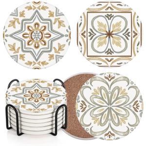 Coaster for Drinks Set of 6, Ceramic Gray Moroccan Talavera Absorbent Round Ceramic Stone Mat, with Cork Base and Metal Holder, Gift for Housewarming Room Bar Decor (Tiles)