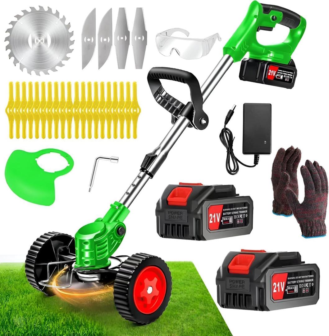 Cordless Weed Wacker with 2 Batteries, Lightweight 21V Weed Trimmer with Wheels, Electric Grass Trimmer, Adjustable Shaft Lawn Tool for Small Yard Tight Spaces