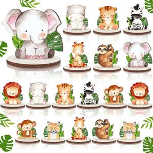 Kigley 18 Pcs Jungle Animals Safari Baby Shower Decorations Wooden Jungle Party Decorations Safari Centerpieces for Tables Forest Animals Shapes Table Topper for Kids Camping Birthday Party Supplies
