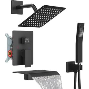 Midanya Shower System with Tub Spout,Bathtub Shower Faucet Set with Square Rainfall Head and Handheld Sprayer Wall Mount Tub Faucet Set with Valve and Trim Kit,8 Inch Matte Black