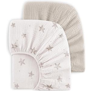 Bearmoss Muslin Crib Sheets - 100% Cotton Baby Crib Sheets Fitted for Standard Crib Mattress & Toddler Bed Mattress 52"x28" Soft Breathable Crib Sheet Neutral for Boys Girls - 2 Pack (White Star)